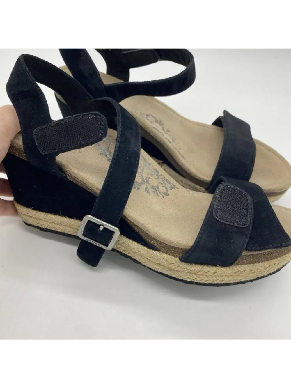 Aetrex Black Suede Wedge Espadrille Sandals